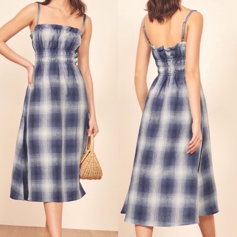 Reformation Faust Linen Midi Dress in Ghost Blue Plaid